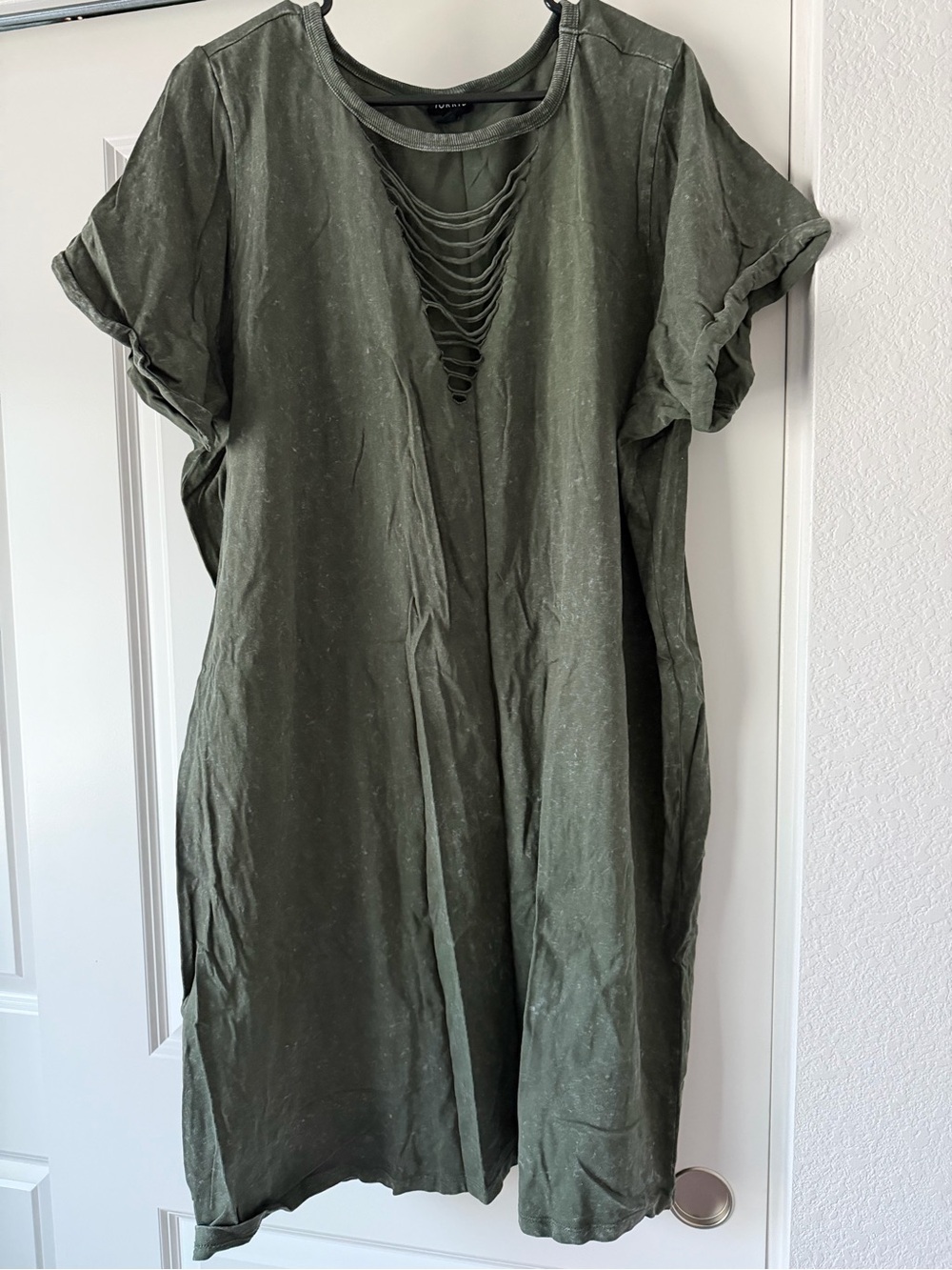torrid Mineral Washed Olive Green Shredded Front Midi Dress